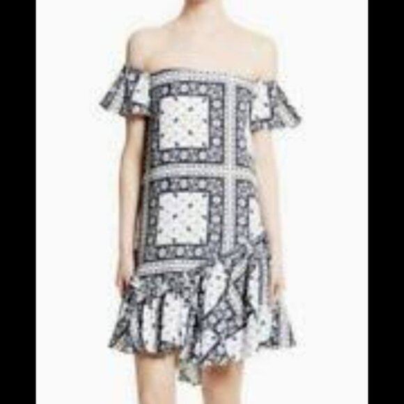 Anthropologie Cinq a Sept Minella off Shoulder Asymmetric Blue White Dress SZ 8 - Picture 2 of 13
